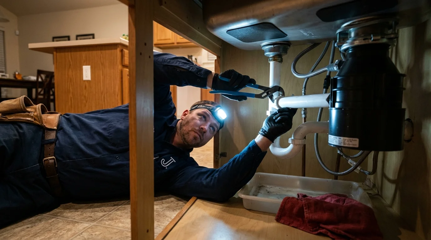 P-trap and supply line connections under a kitchen sink showing a common leak point in Madison, IN